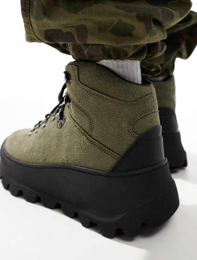 Khaki trekking boots with thick soles in Green with Black sole