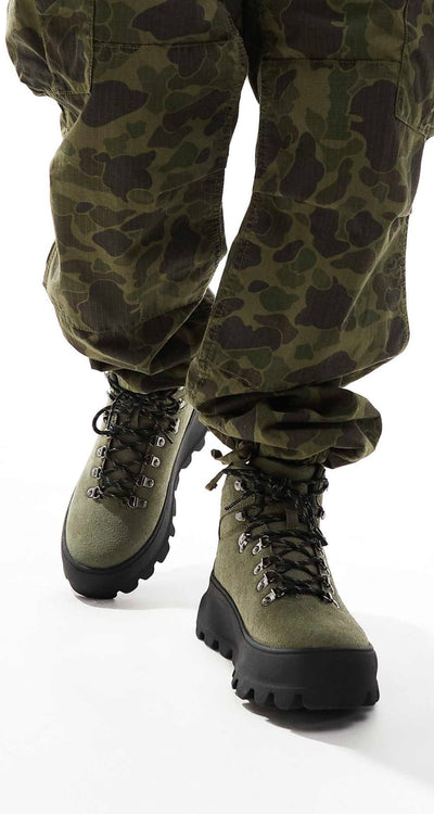 Khaki trekking boots with thick soles in Green with Black sole