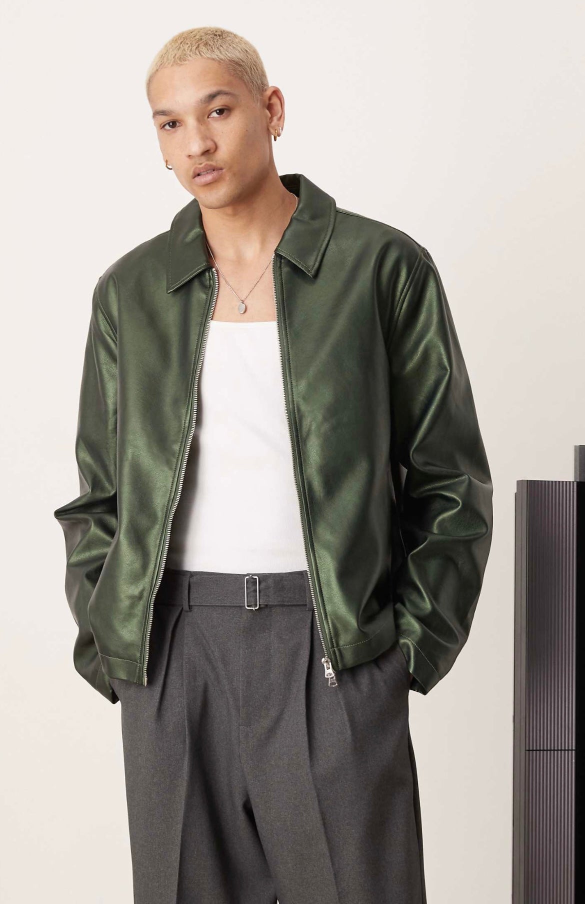 Faux leather harrington jacket in metalic green