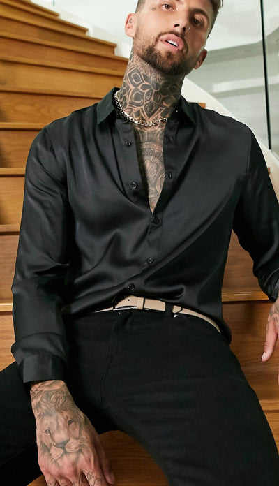 Slim Fit Satin Shirt In Black