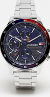 Tommy Hilfiger men's silver watch with red and navy dial