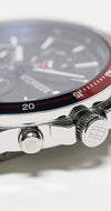 Tommy Hilfiger men's silver watch with red and navy dial