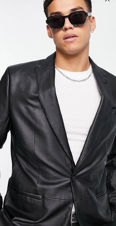 River Island  Leather slim PU Suit jacket in Black