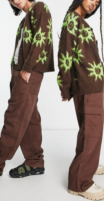 Unisex smiley sun jacquard brushed cardigan in brown and green