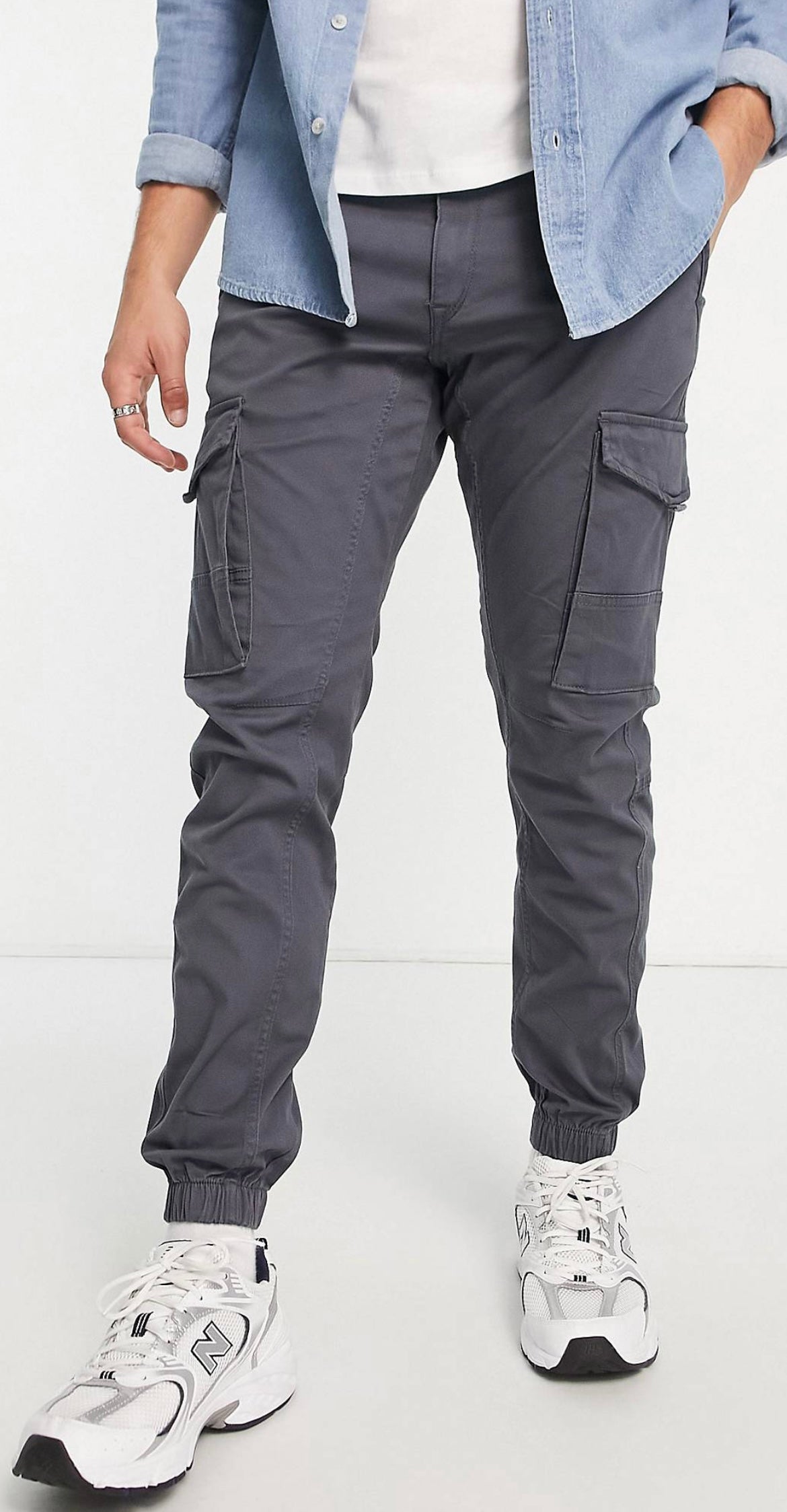 Jack & Jones Intelligence cotton blend cuffed cargo trouser in grey blue