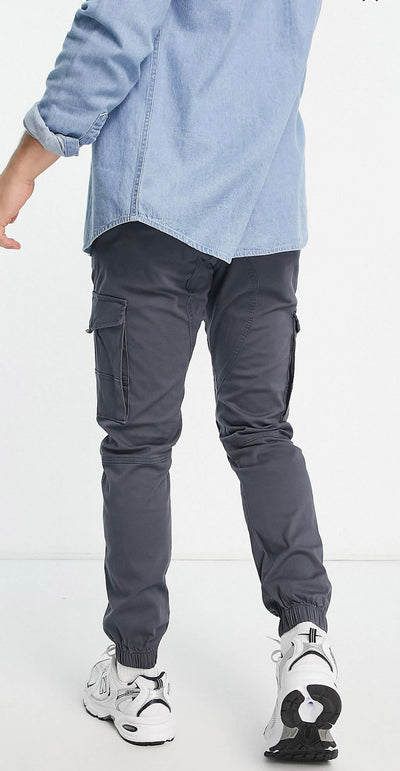 Jack & Jones Intelligence cotton blend cuffed cargo trouser in grey blue