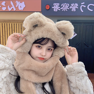 Winter Thickened Bear Hat Scarf All-in-one  Cycling Warm Gloves Three-piece Set