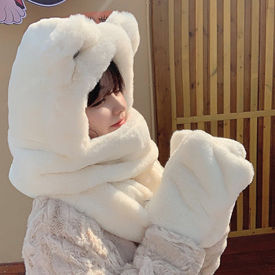 Winter Thickened Bear Hat Scarf All-in-one  Cycling Warm Gloves Three-piece Set