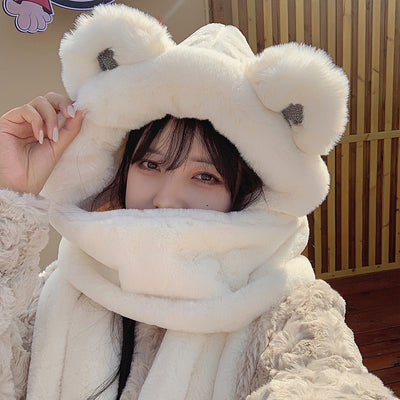 Winter Thickened Bear Hat Scarf All-in-one  Cycling Warm Gloves Three-piece Set